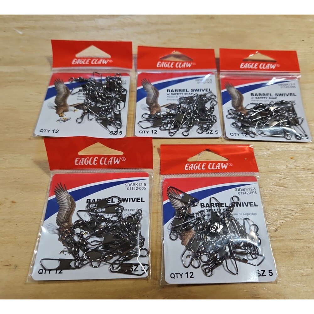 New 5 Packs Eagle Claw Barrel Snap Swivels Size 5 - 12 Per Pk 60 Total SBSBK12-5